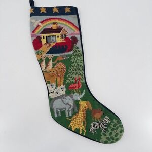 Needlepoint Christmas Stocking Noahs Ark Animals Velvet Back Handmade 18"